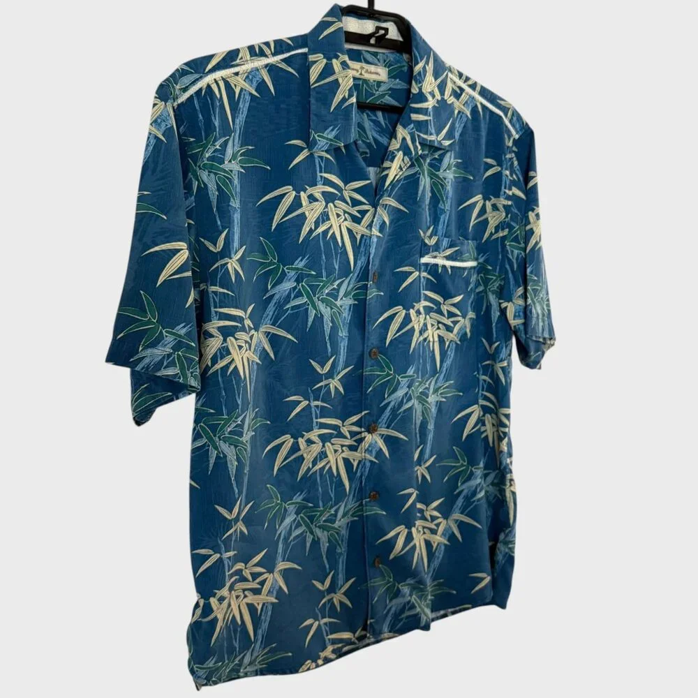 Tommy Bahama Bamboo Print Silk Camp Shirt Blue Mens Large S/S Hawaiian Button-Up
